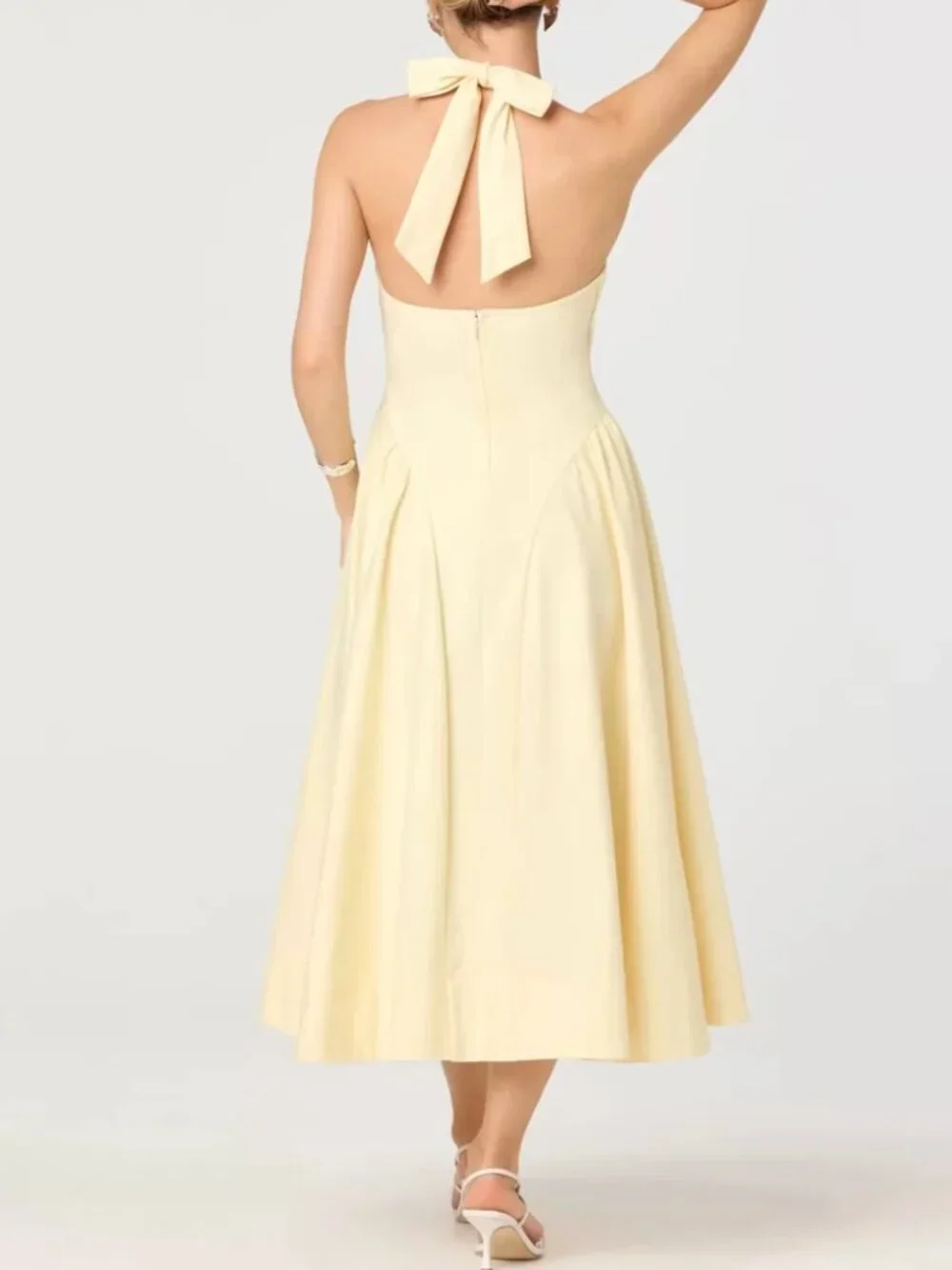 NWT ASTR The Label Meana Midi Dress XS/S/M Lemon Halter Plunge Drop-Waist_3
